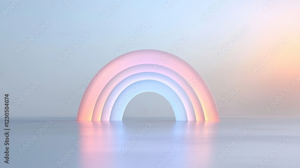Aufkleber 3d rendering of a rainbow arch in the middle of a body of water. the rainbow is made up of multiple 