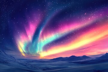 A vibrant aurora borealis stretches across a cold, starry sky, the colors dancing and blending in a mesmerizing display of natural light