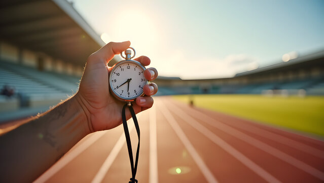 A hand holds a stopwatch against a sunny outdoor stadium, showcasing a vibrant athletic track and empty bleachers in the background
