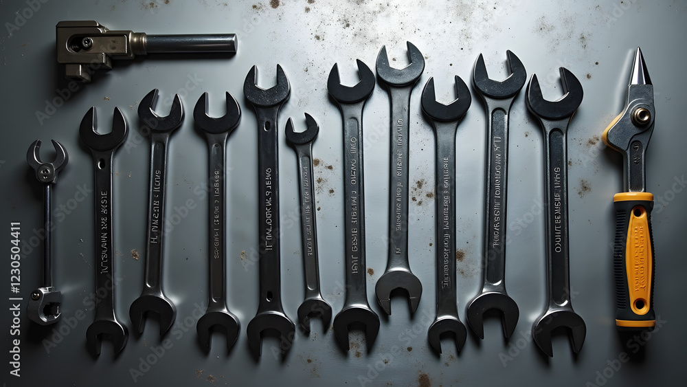 Poster a variety of metal wrenches and tools are neatly arranged on a gray surface showcasing different siz