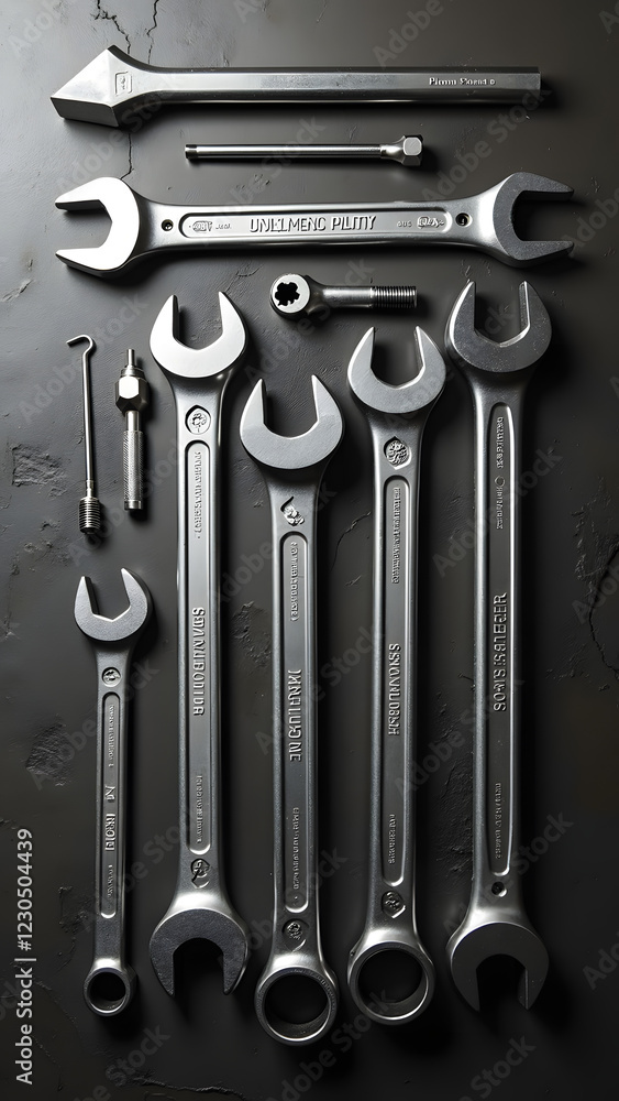 Poster various metal wrenches and tools are neatly arranged on a dark surface showcasing their shiny surfac