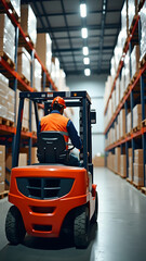A warehouse worker operates a forklift surrounded by stacked cardboard boxes, focusing on his task in a well-organized storage area