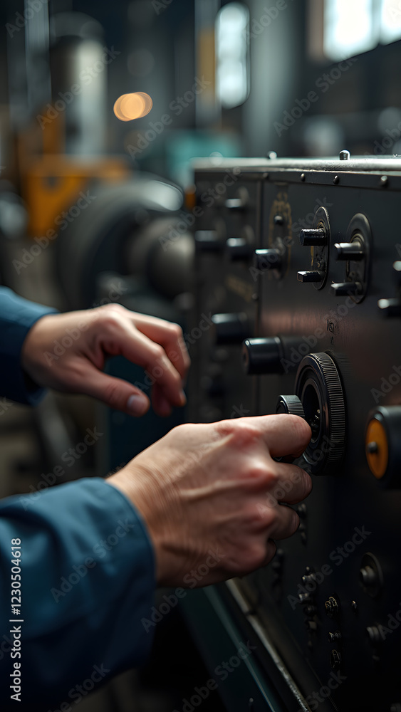 Poster a skilled technician in work uniform adjusts controls on a vintage machine in a workshop, focusing o