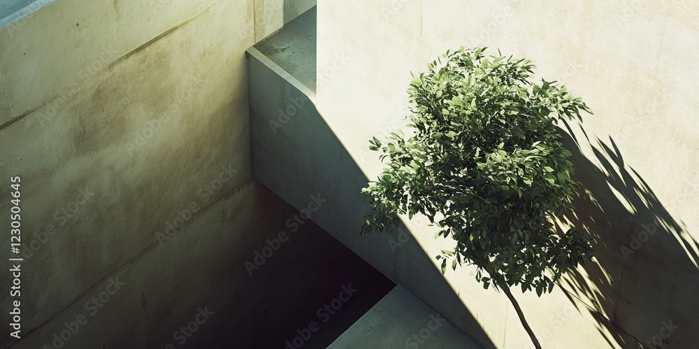 Poster a single tree casts shadows on modern concrete architecture, highlighting minimalist design and natu