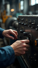 A skilled technician in work uniform adjusts controls on a vintage machine in a workshop, focusing on precision and craftsmanship