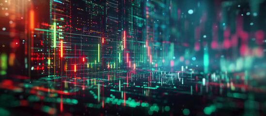 Obraz premium Digital lines and grids in neon colors form an abstract data landscape. Concept of technology and futuristic data analysis. For technology background.
