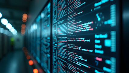 Glowingly illuminated digital screens display lines of code and data in a modern tech environment, conveying a sense of innovation and complexity in programming