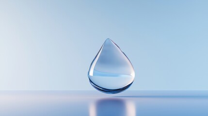 Fototapeta premium 3d rendering of a single drop of water on a light blue background. the drop is in the center of the image and is made up of multiple layers of transparent glass, creating a triangular shape.