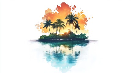 Obraz premium Stunning illustration of a tropical island at sunset with palm trees and colorful reflections in the ocean.