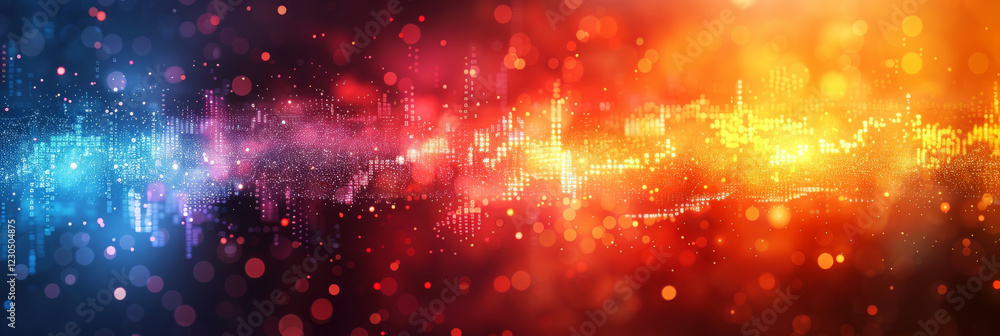 Poster abstract waveforms in vibrant colors blend blue to orange, creating a dynamic energy. concept of sou