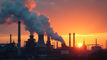 An industrial landscape showcases an energy plant with smokestacks emitting clouds against a vibrant sunset, casting long shadows and a serene atmosphere