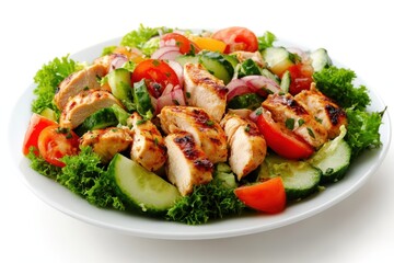 Appetizing summer salad with meat, tomatoes, spinach, cucumbers and lettuce, healthy summer breakfast in a white plate on a white background, healthy food concept, weight loss food