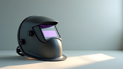A black welding helmet sits on a flat surface, showcasing a dark visor and a sleek design, illuminated by soft light from the side