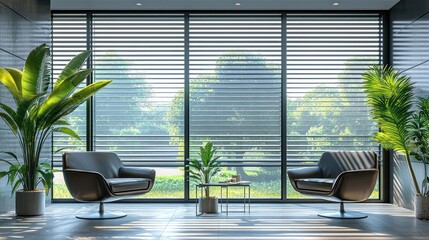 Aluminum blinds on office windows, d with clean horizontal slats for modern sun protection