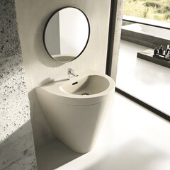 Fototapeta premium Modern Beige Freestanding Bathroom Sink with Round Mirror