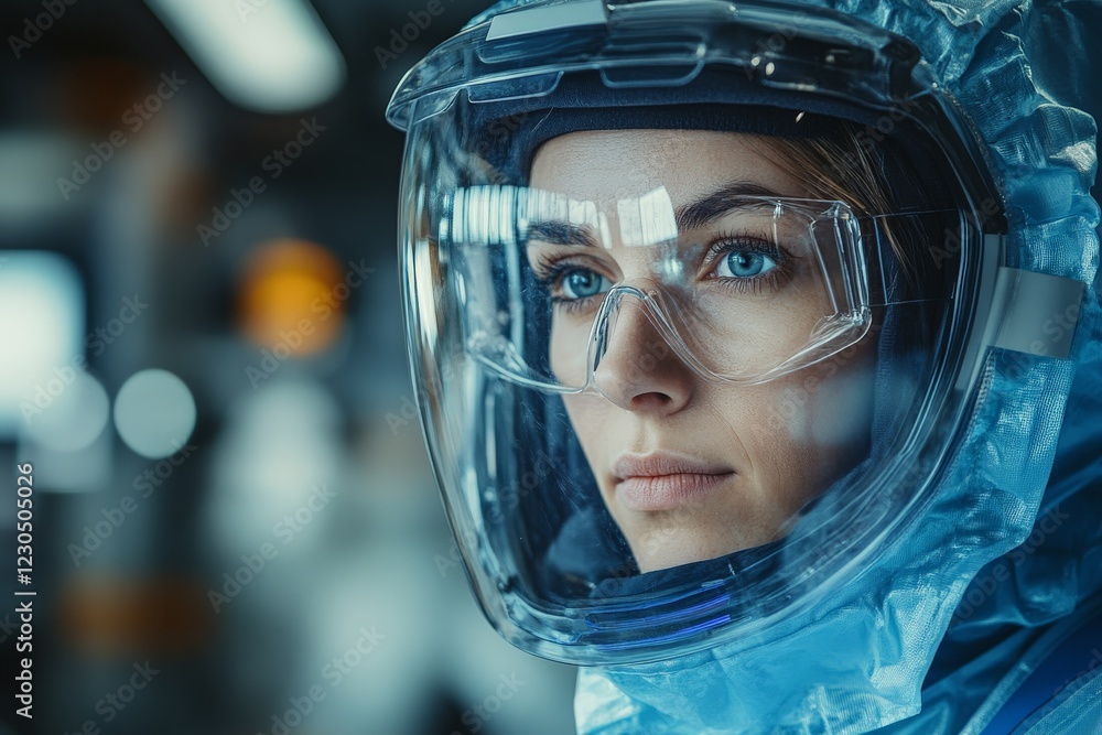 Poster portrait of a woman in a protective suit and helmet, showcasing concentration and readiness for scie