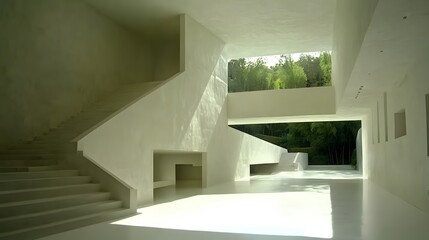 Obraz premium Modern Minimalist Architecture Interior Design with Stairs and Natural Light