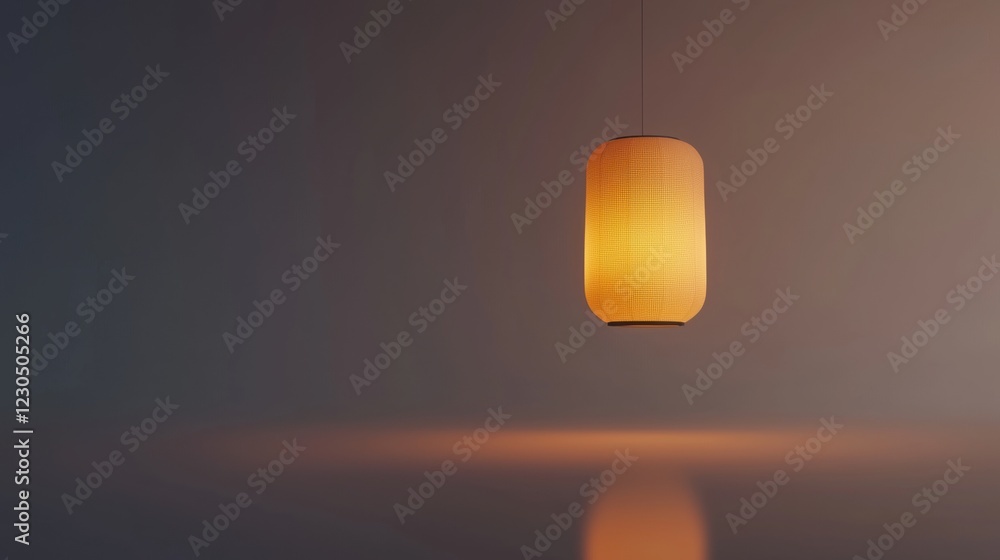Poster photograph of a pendant light hanging from a ceiling. the light is cylindrical in shape and appears 