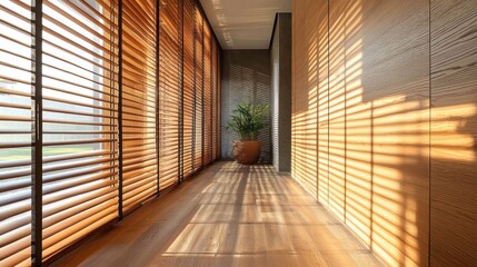Apartment with wooden blinds complementing the minimalist decor and modern interior design