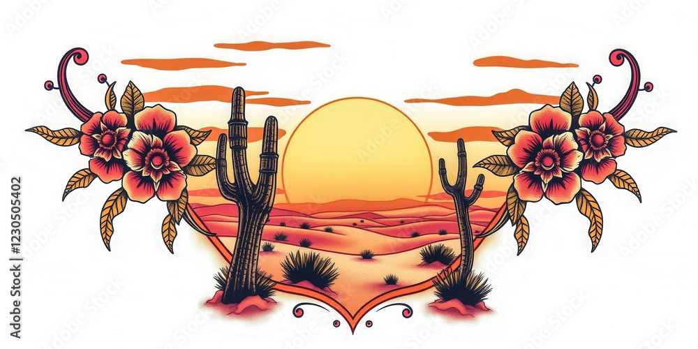 Poster a desert scene with a cactus and a sun. the sun is setting and the cactus is in the foreground