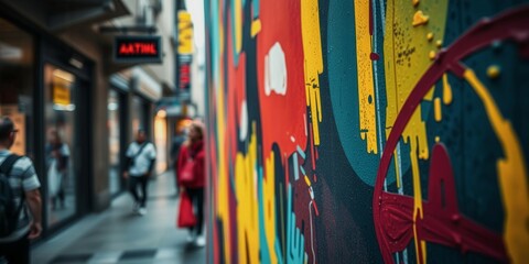 A colorful mural on a wall with a red sign that says "Aitil". A group of people are walking by the mural, some of them carrying backpacks. The scene has a lively and vibrant atmosphere