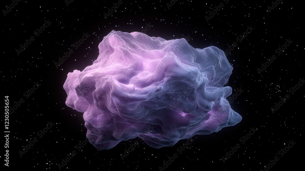 Poster digital illustration of a large, spherical object in the center of a black background with small whi