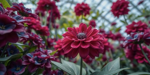 A close up of a bunch of red flowers with a single red flower in the middle. The flowers are in a greenhouse and are very vibrant