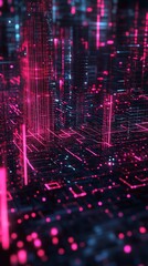 Fototapeta premium A vibrant digital cityscape featuring neon lights and abstract grid patterns, evoking a futuristic virtual reality environment.