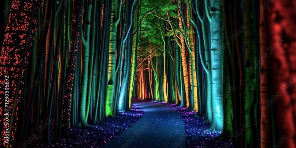 Poster a colorful forest path with trees lit up in different colors. the path is illuminated by lights and 