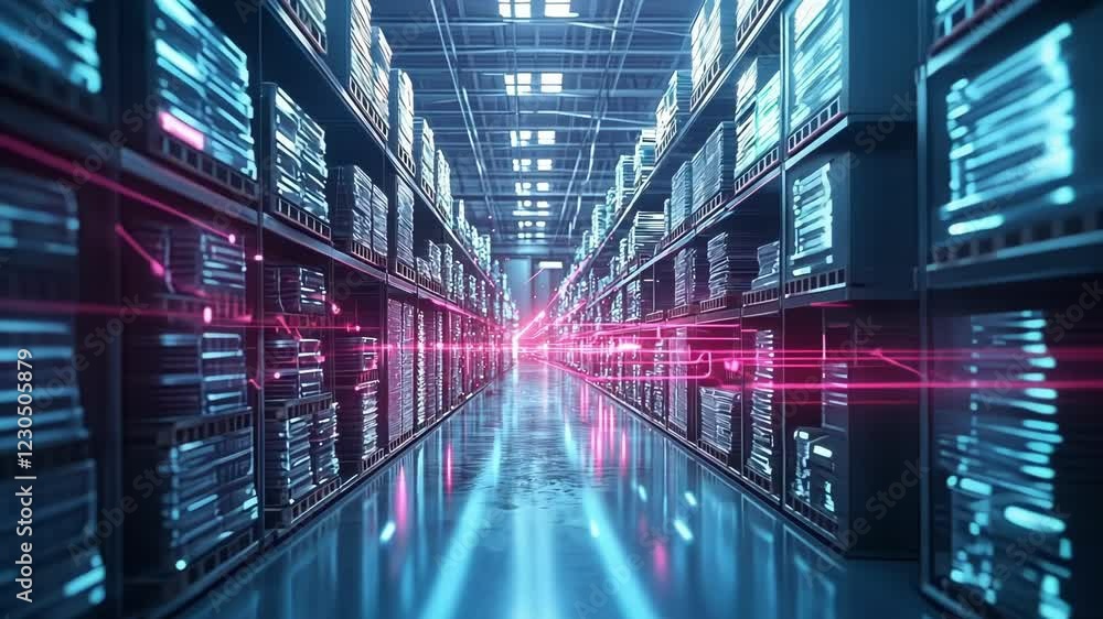 Poster a detailed rendering of a virtual materials warehouse with an accurate representation of stacked mat