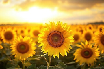 Obraz premium A vibrant field of sunflowers swaying under a golden sunset, with golden hues reflecting off each petal and a soft breeze causing gentle waves in the sea of yellow