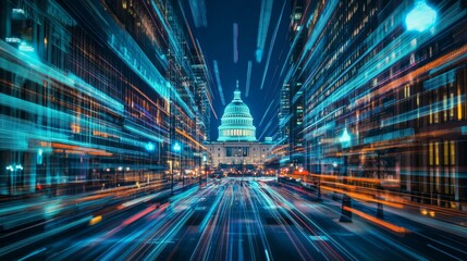 Front view, Capitol dome building at night, Washington DC, USA. Illuminated Home of Congress and Capitol Hill. Artificial Intelligence concept, hologram. AI, machine learning, neural network, robotics