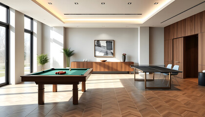 Pool table and ping pong table in modern, luxury home showcase interior game room , with white tonespng