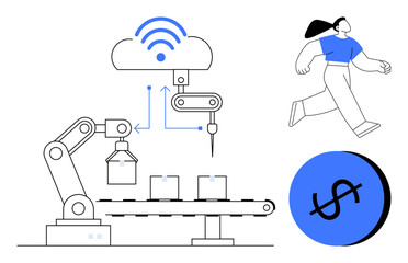 Robotic arm and conveyor belt with cloud technology display connected automation. Woman walking, dollar sign. Ideal for technology, innovation, economic growth, manufacturing, future, efficiency