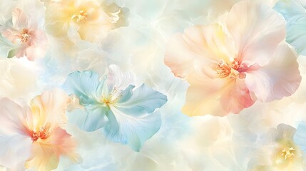 Fototapeta premium Pastel Dream, Soft Blue and Peach Hibiscus Flowers on Marble Background