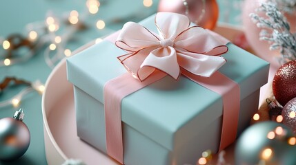 Elegant gift box with pastel ribbon and Christmas decorations