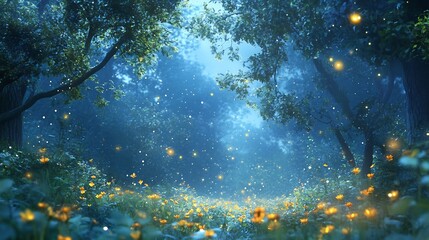 Enchanted Firefly Forest: Dreamlike Night Scene with Glowing Flowers