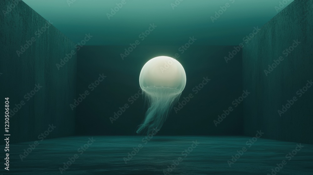Poster large white jellyfish floating in the middle of a dark room with two walls on either side. the walls