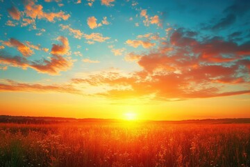 A vibrant sunset casts a golden glow over a peaceful meadow, the sky ablaze with rich colors as the day comes to a tranquil close