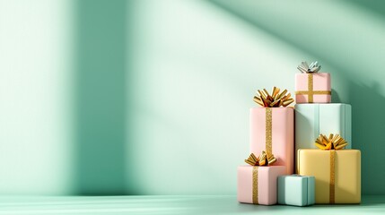 Colorful Gift Boxes with Ribbons Against a Soft Mint Background