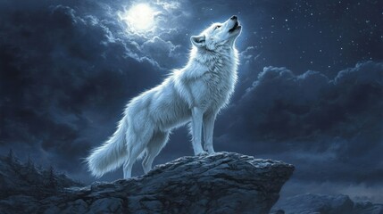Arctic wolf howling at night moon, mountains background; nature poster