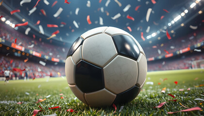 Fototapeta premium Soccer ball, Close up of a soccer ball in the football stadium with falling confetti. Goal Winning celebration , with white tonespng