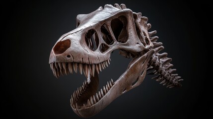 Naklejka premium A detailed close-up of a dinosaur skull, showcasing its sharp teeth and intricate bone structure against a dark background, Ideal for educational materials, museum promotions