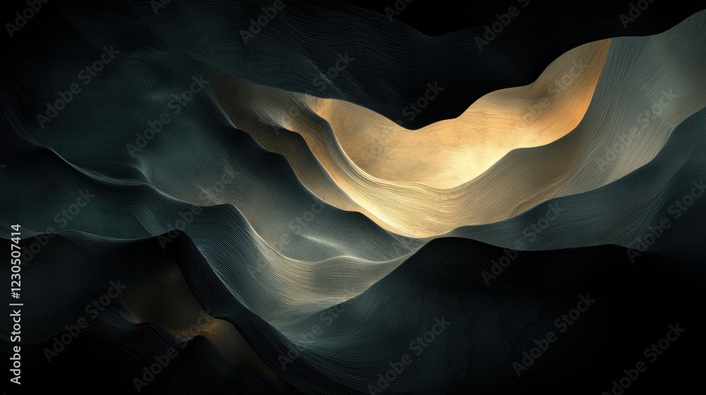Poster abstract digital art piece that appears to be a wave-like pattern. the background is black, and the 
