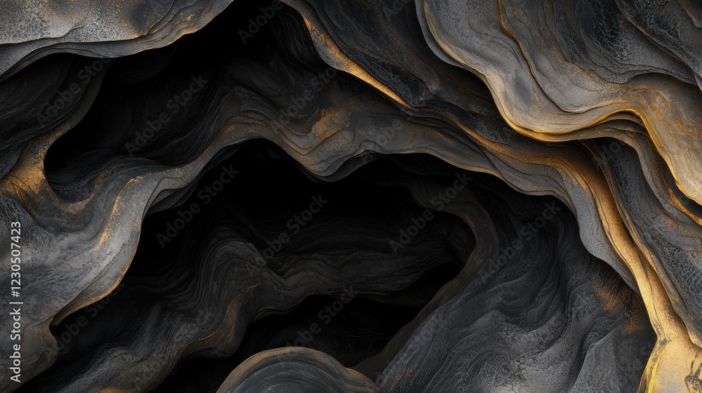 Poster abstract digital art piece that appears to be a cave or a tunnel. the background is black and the wa