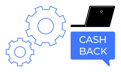 Laptop beside interlocking gears, CASH BACK in speech bubble. Ideal for finance, technology, savings, business operations, digital commerce, financial rewards budget management. Abstract line flat