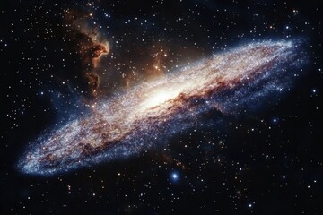 Vast spiral galaxy illuminated by stars in deep space amid cosmic clouds