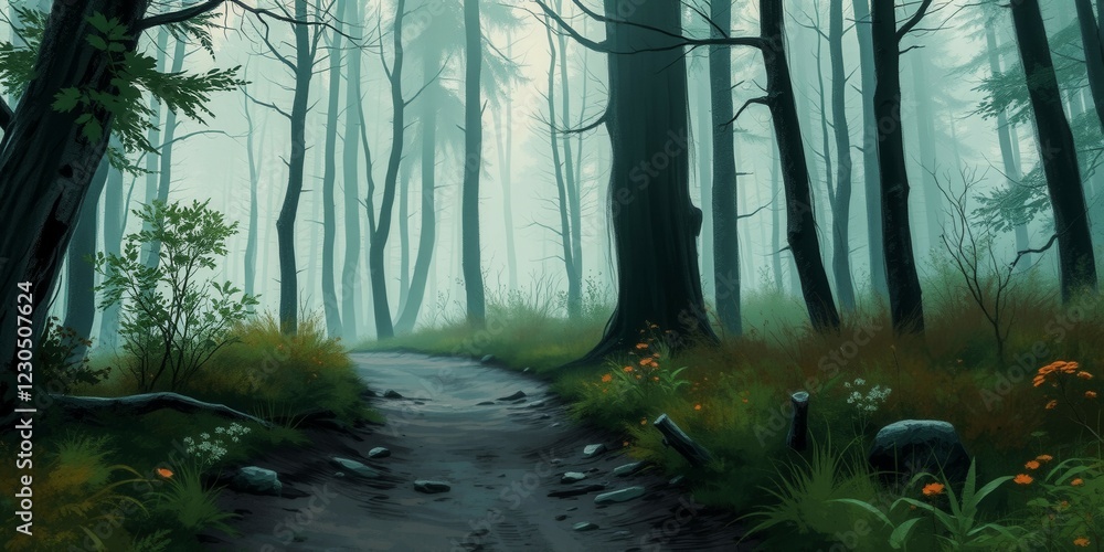 Poster a forest path with trees and flowers. the path is surrounded by tall trees, and the flowers add a to