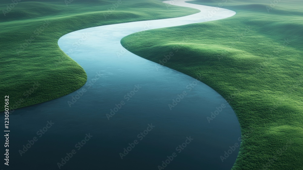 Poster 3d rendering of a winding river or stream. the river is in the center of the image, with the water c