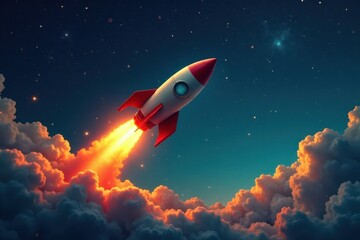 Fototapeta premium Vintage rocket ship soaring through starry night sky, night sky, celestial